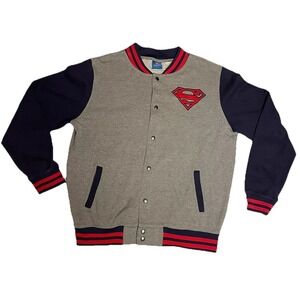 WOMENS SUPERMAN SNAP FRONT VARSITY JACKET SZ 14 GRAY/BLUE/RED  LOGO CASUAL WORK